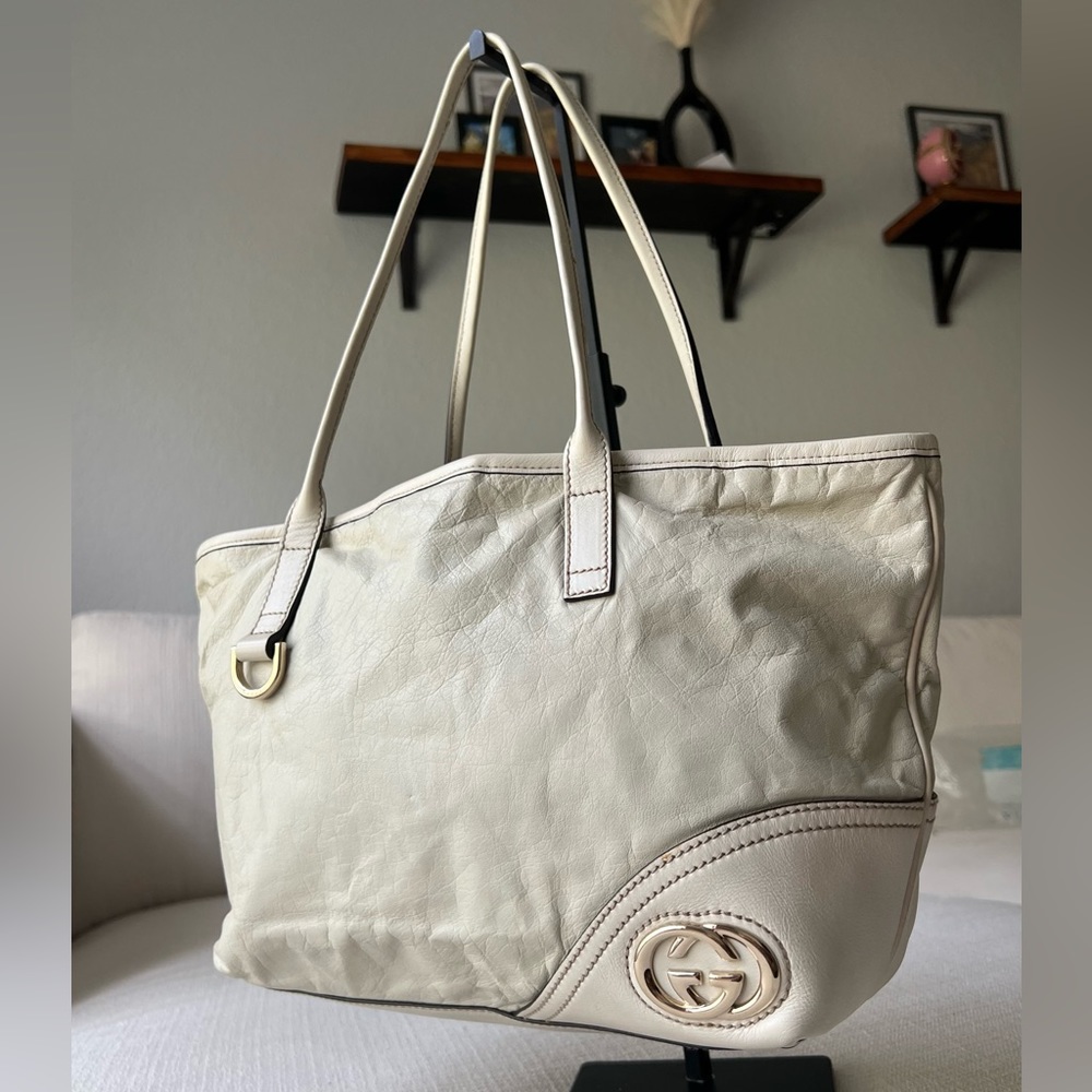 GUCCI Inter Locking Web Sherry Line Tote Bag White Leather